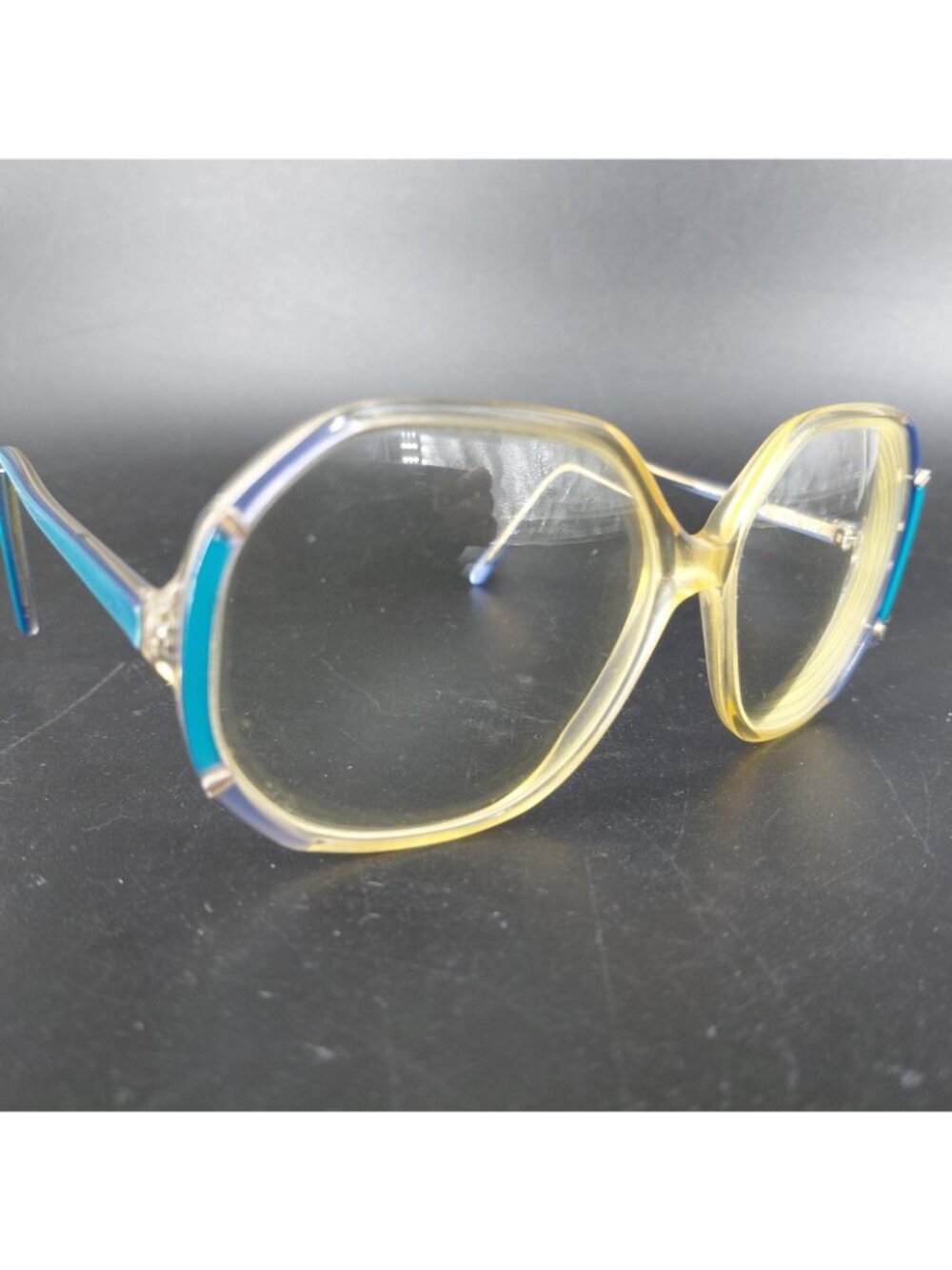 Vintage Rainbow Eye Glasses 80s Blue Yellow Oversized Butterfly Clear Retro M23 - Picture 4 of 16